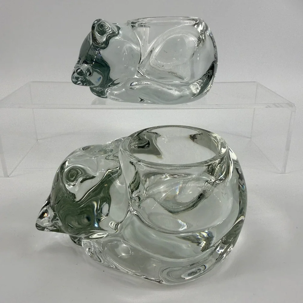 Vintage Indiana Glass Clear Cat Votive Candle Holders Pair